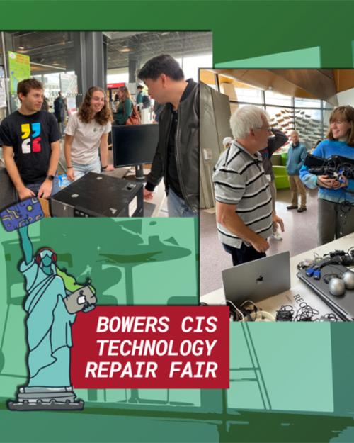 		Montage of photos of people conversing with computer parts nearby
	