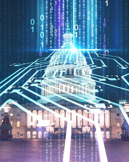 Illustration of zeros and ones illuminated over a photo of the U.S. Capitol Building at night