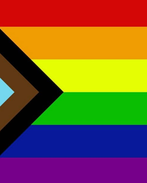 LGBTQ flag, multicolored arrow shape pointing right at multicolored rows