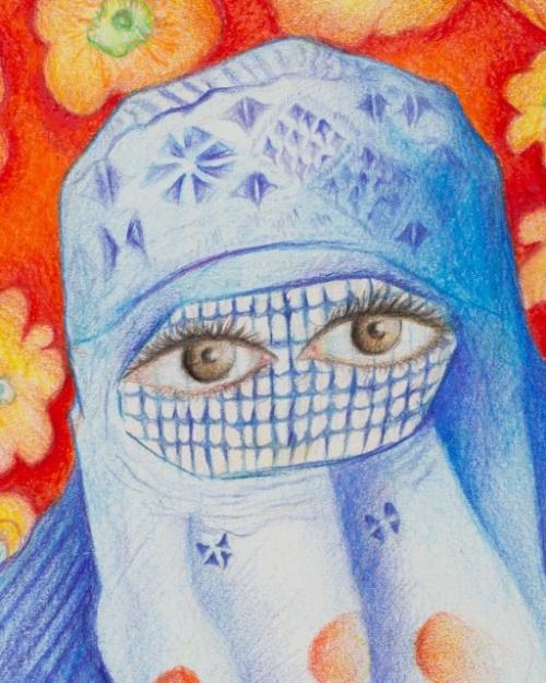 		Pencil drawing: a woman wearing a blue head scarf against a bright red background
	