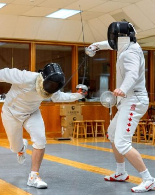 Two people, fencing
