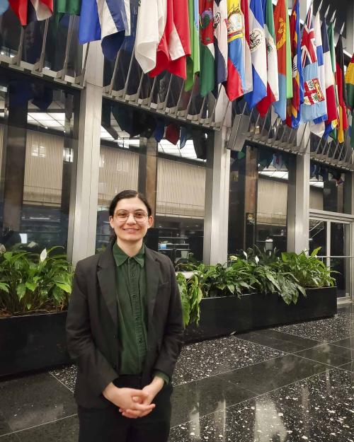 person in front of building with lots of flags