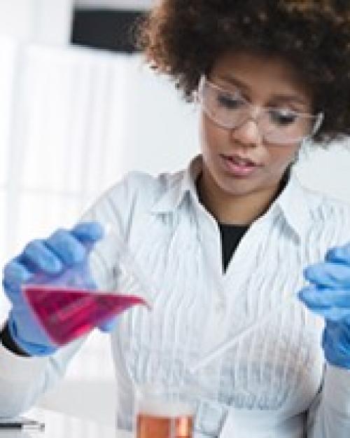 		Person working in a chemistry lab, pouring colored liquid from one beaker to another
	