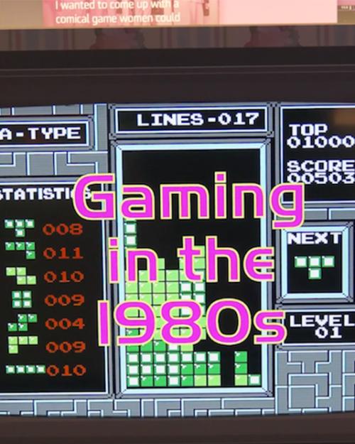 screen showing game-style text that says "Gaming in the 1980s"