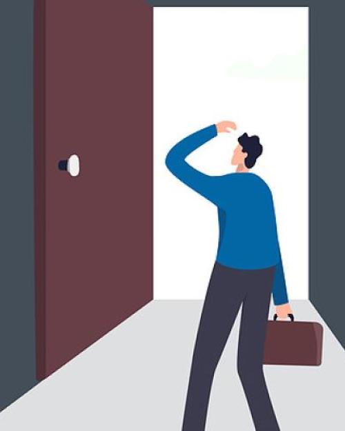 Illustration of a person approaching a door while carrying a briefcase, a little dazed