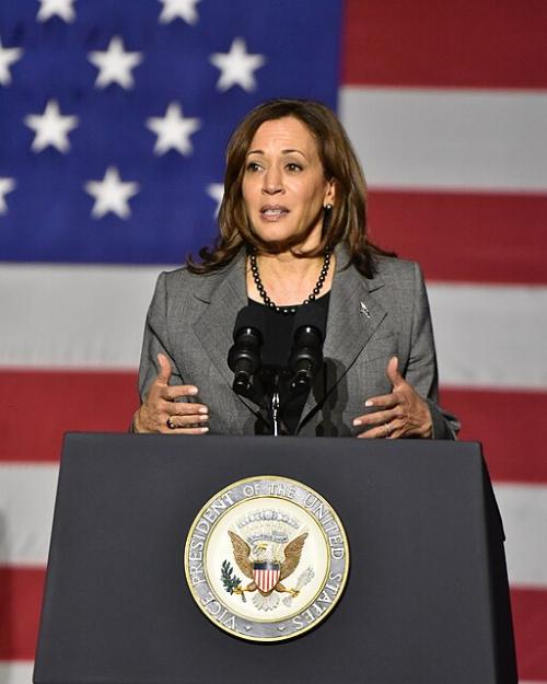 		Kamala Harris at a podium with the seal of the vice president on it and an American flag in the background
	