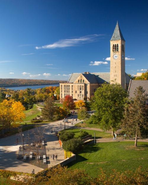 		Blue sky, clock tower, fall foliage on a college campus seen from above
	