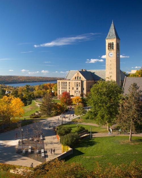 Blue sky, clock tower, fall foliage on a college campus seen from above