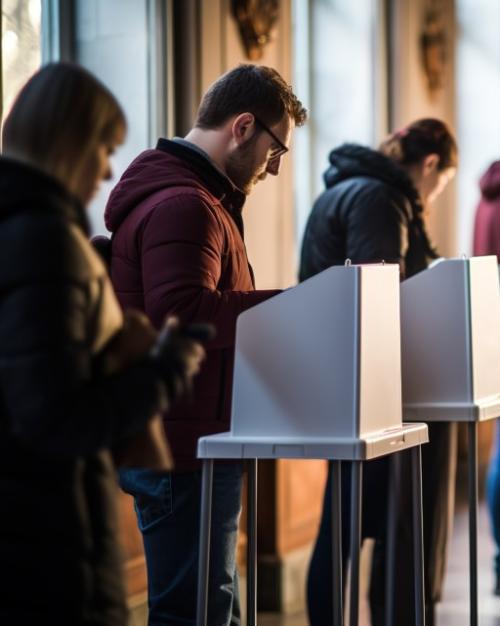 		A long row of people using small white voting booths
	