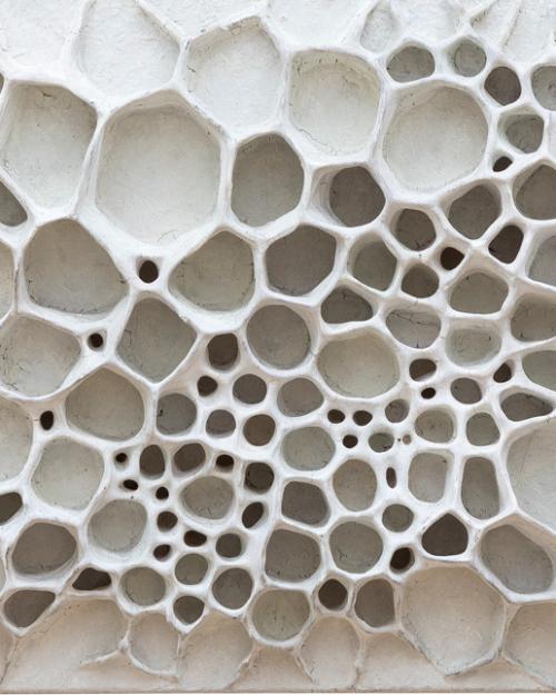 		Three dimensional art piece; a honeycomb like construction of white clay
	