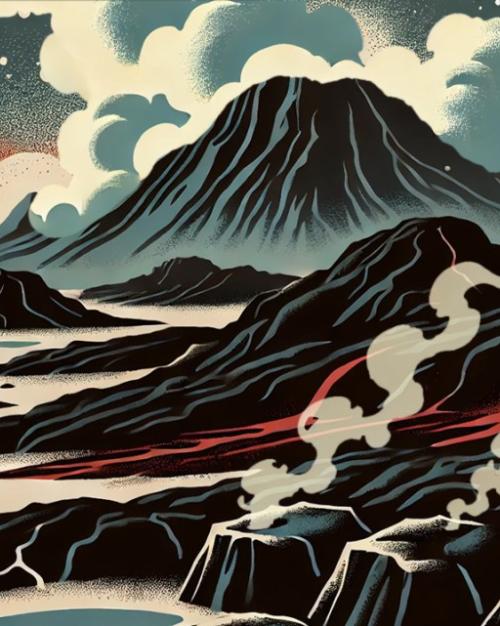 		Illustration showing a mountain, clouds and nearby rocks spewing vapor
	