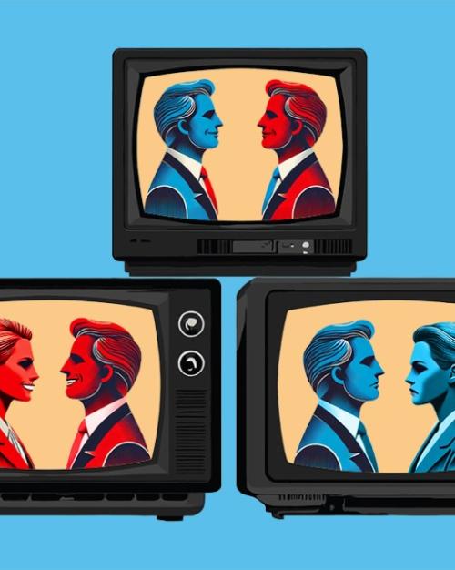		Illustration of three television sets, each with a pair of people showing on the screen
	
