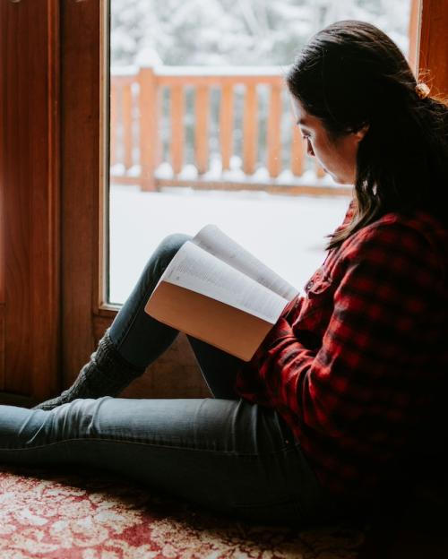 Person sitting near a window, reading a book. There is snow outside