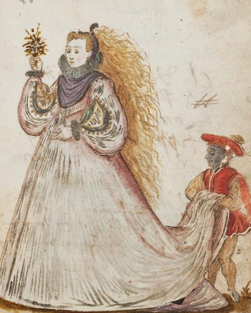 Drawing, 16th century, of a fashionably-dressed woman with a servant