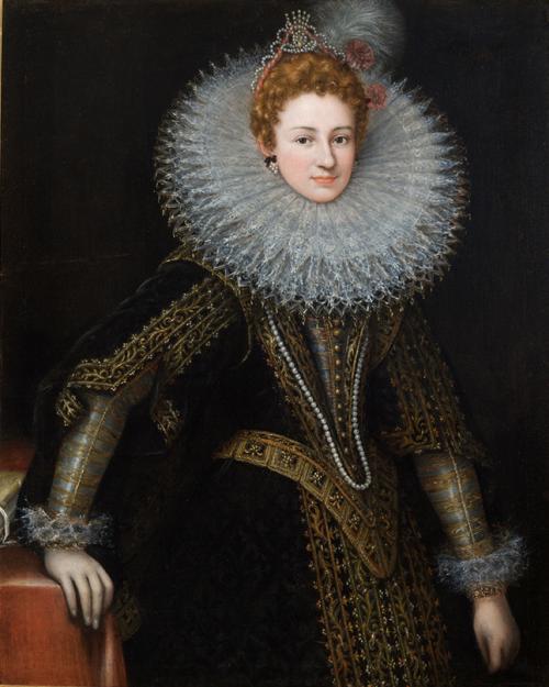 		A painted portrait, from the 17th century, of a confident looking woman wearing an elaborate ruff and dark colored gown
	