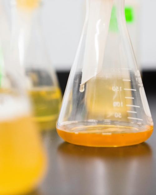 		Tranparent flasks in a chemistry lab, with amounts of orange liquid
	