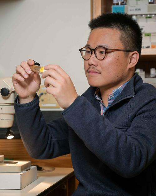 		Peiwei Chen with glasses in lab, holding up vial to look at
	