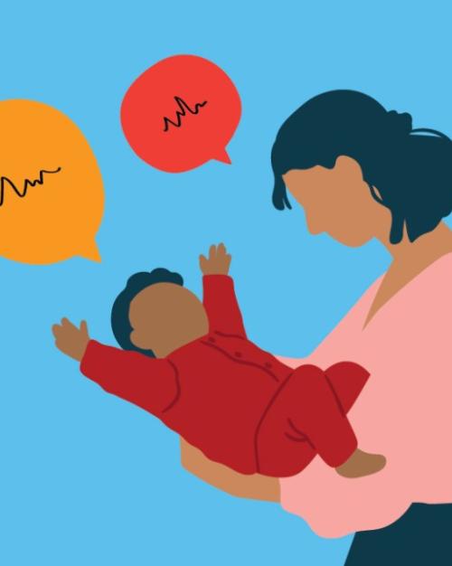 		Illustration of an adult holding a baby, both with speech balloons
	