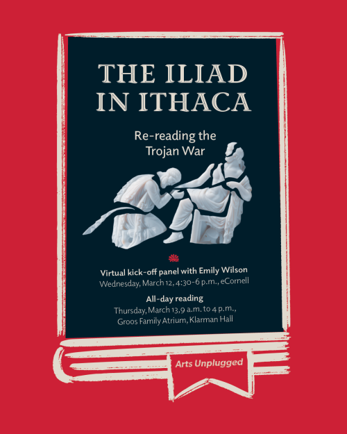 		Greek statue broken up with words "The Iliad in Ithaca" 
	