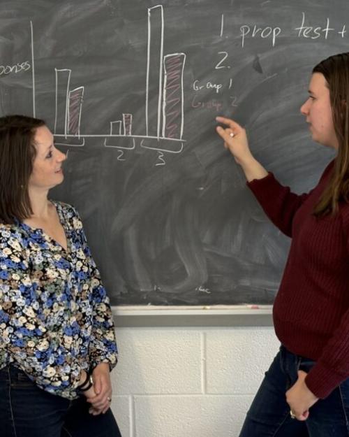 		Two people standing at a chalk board, talking about a graphic
	