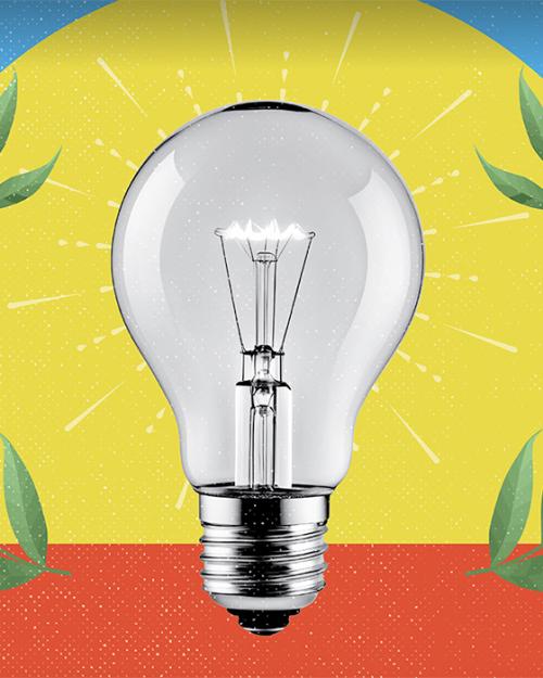 		Illustration of a light bulb against a yellow, blue and red background
	