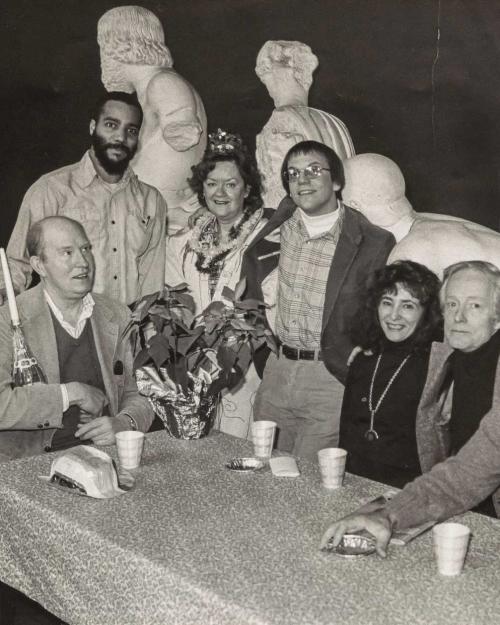 Temple of Zeus party for Zeus manager, Lydia Dutton; Pictured left to right: A.R. Ammons, Cecil Giscombe, Lydia Dutton, David Burak, Phyllis Janowitz, James McConkey, and Tony Caputi