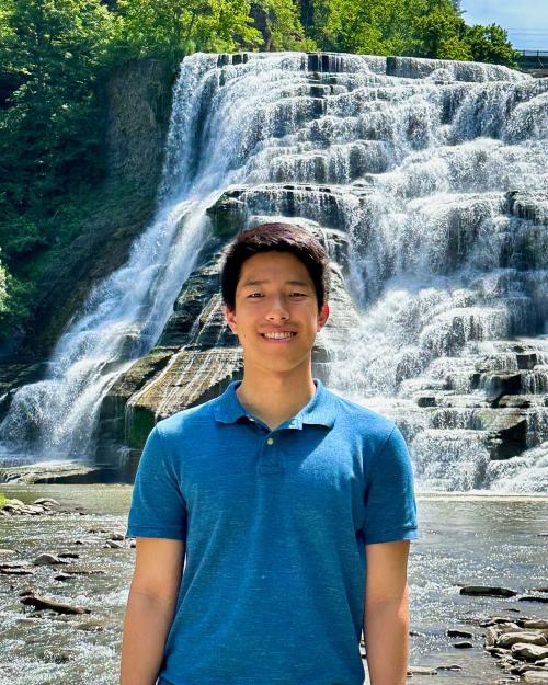 person in front of waterfall