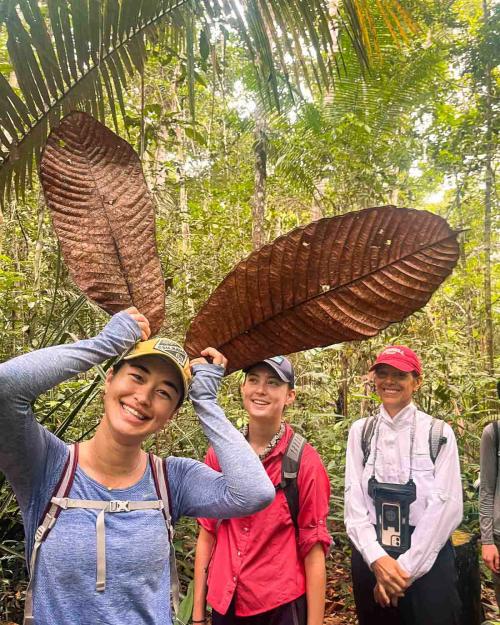 three people in tropical forest