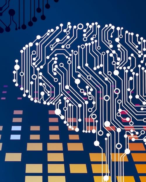 Illustration showing an outline of a brain in white electronic-looking wiring