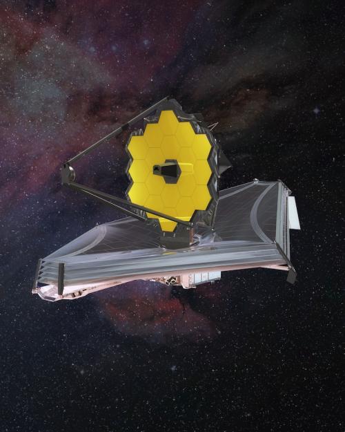 A telescope in space: topped by a circular yellow mirror, the object is boat-shaped, with a background of stars