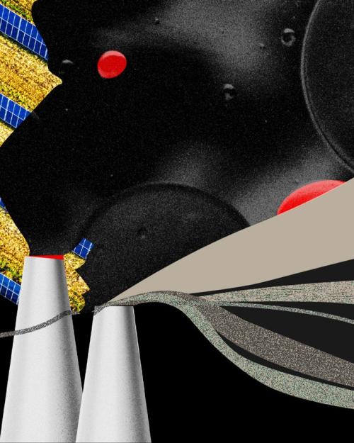 		Abstract illustration featuring solar panels, smoke, water, and chart flows, primarily monochrome with yellow, blue, and red accents
	