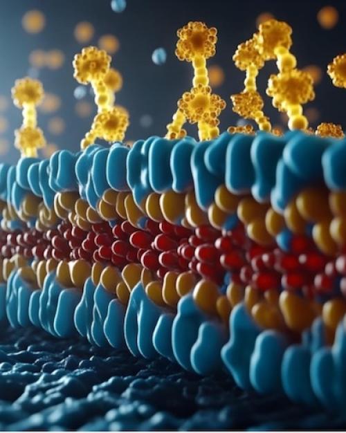 illustration of a "wall" made of small dots – An illustration of a double-walled membrane formed by lipid and protein molecules.