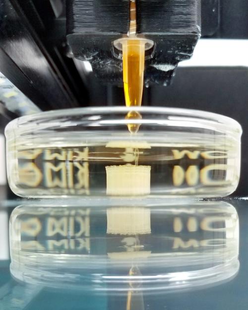 Yellow probiscus descends into a clear dish to deposit during the 3D printing process, where it self-assembles before being heat-treated into a crystalline superconductor.