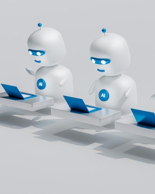 Cartoon illustraiton of four little white robots looking at little blue laptop computers