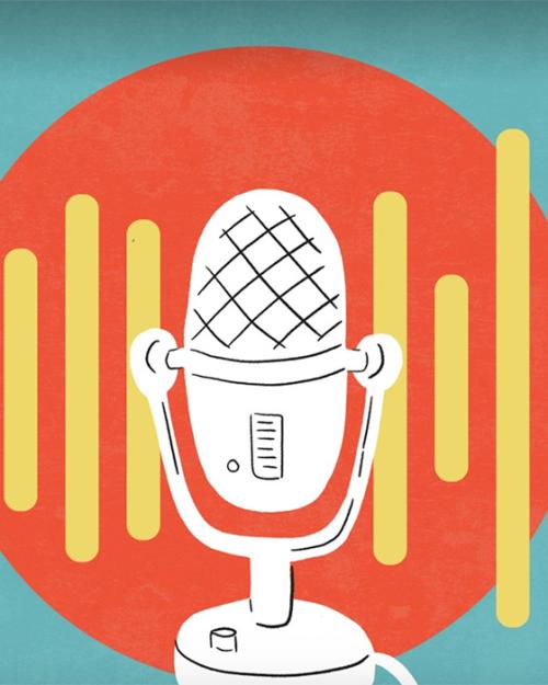Illustration of a free-standing microphone surrounded by yellow lines and a red circle