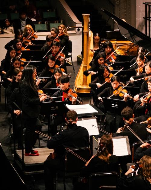 Members of an orchestra playing on a stage