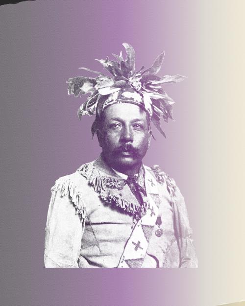 Stylized image featuring a photograph of a person wearing a beaded sash and a headpiece made of leaves
