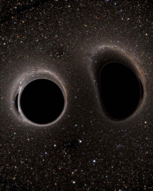 		A field of stars surrounding one circular and one oblong area of extreme blackness surrounded by a halo of light
	