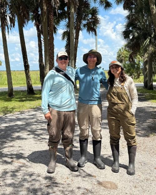 Three people in farm work boots together under palm trees