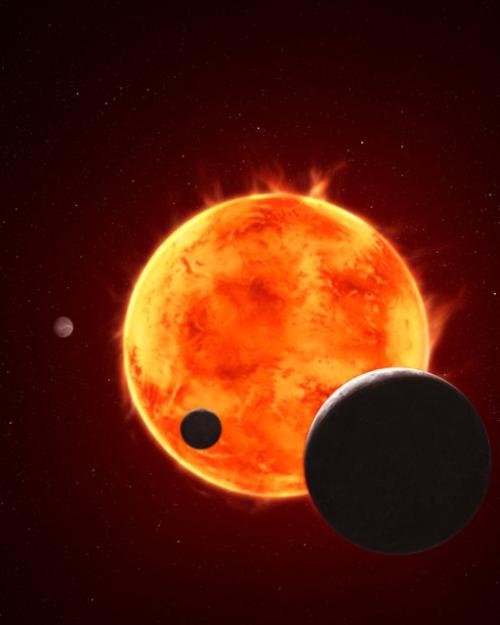 An orange-yellow sun with spheres of exoplanets silhouetted against it.