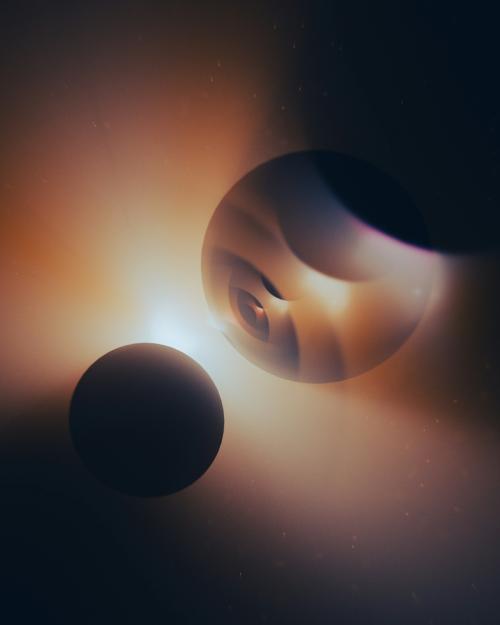 Three spheres near each other, light between