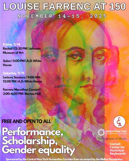 		Event poster in bright purple, pink and orange hues: Louise Farrence at 150
	