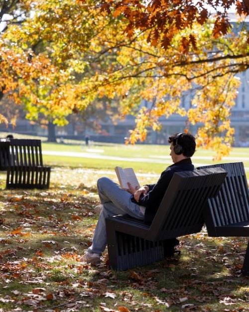 Person sitting on a bench, reading, surrounded by fall leaves on a college campus