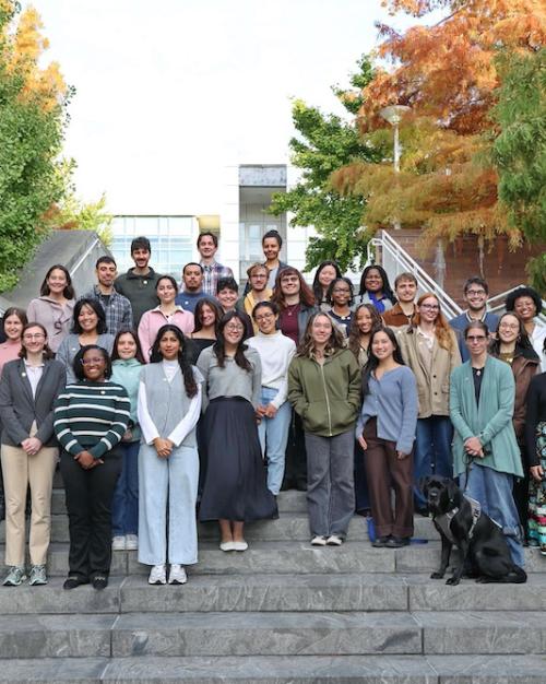 		a few dozen people stand on an outdoor staircase
	