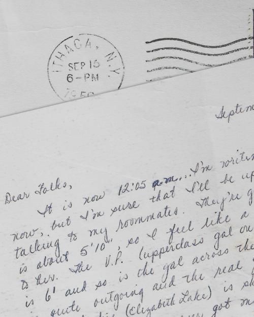 		Black and white image of a college student's face next to an image of a hand-written letter
	