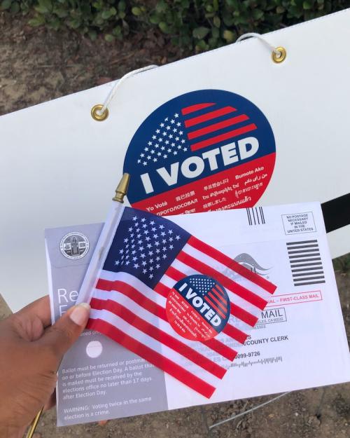 		Hand holding a small American flag, a mail-in ballot
	