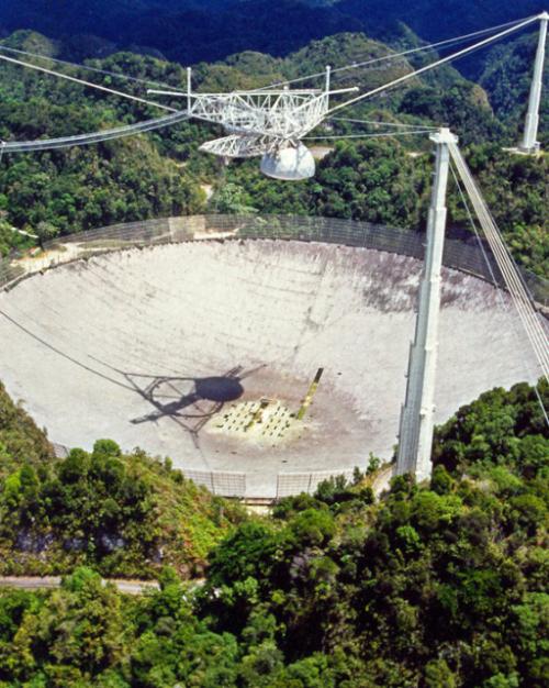 Large concrete dish surrounded by three poles and wires; a mechanism is suspended over the dish. the whole thing, a telescope, is surrounded by lush trees