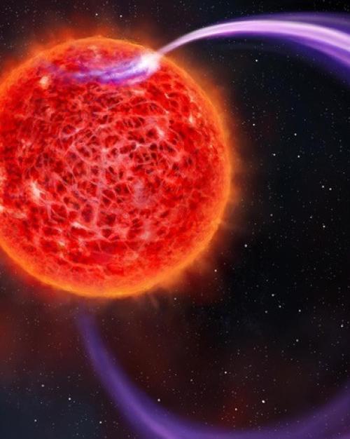 		A red star and an earth-like planet with purple lines between them (illustration)
	