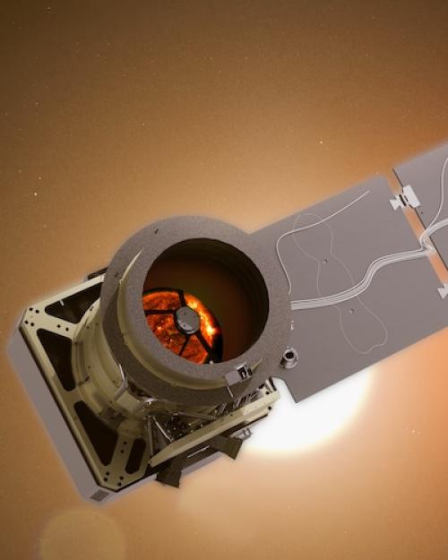 Artist's illustration of the Pandora spacecraft with an exoplanet and two stars in the background