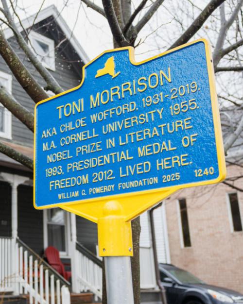 Blue plaque with the title, "Toni Morrison" and a paragraph of text